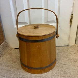 Vintage Putney Basketville Vermont Wood Barrel Bucket Firkin with Handle Lid 10”